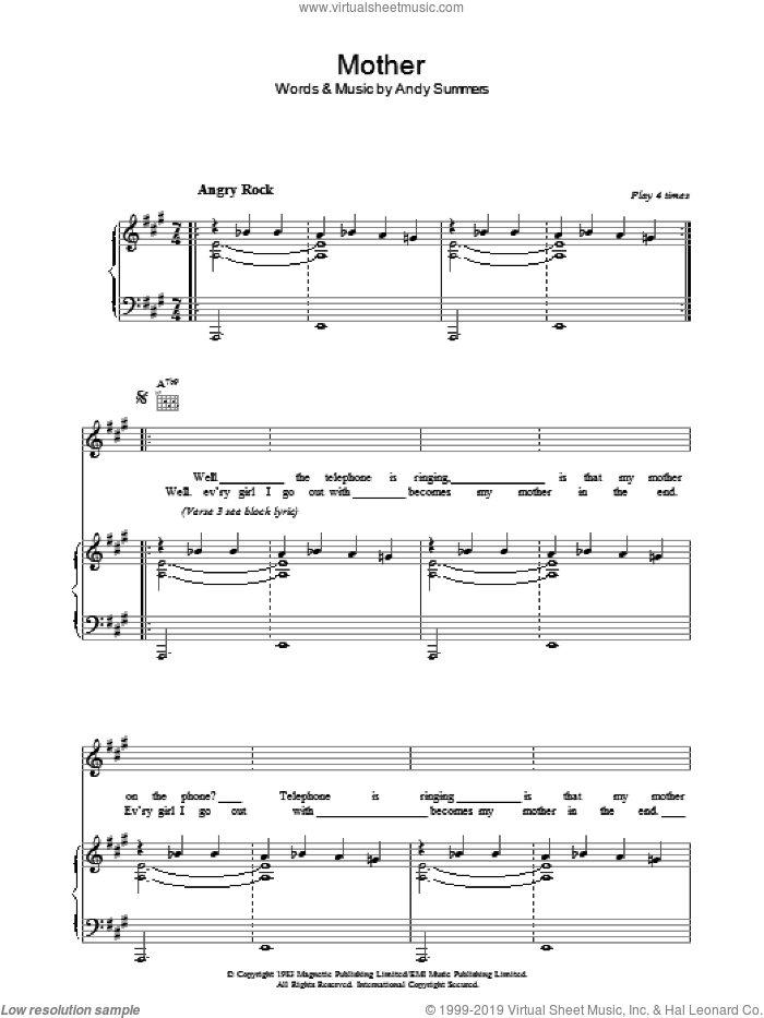 Mother sheet music for voice, piano or guitar by The Police and Andy Summers, intermediate skill level