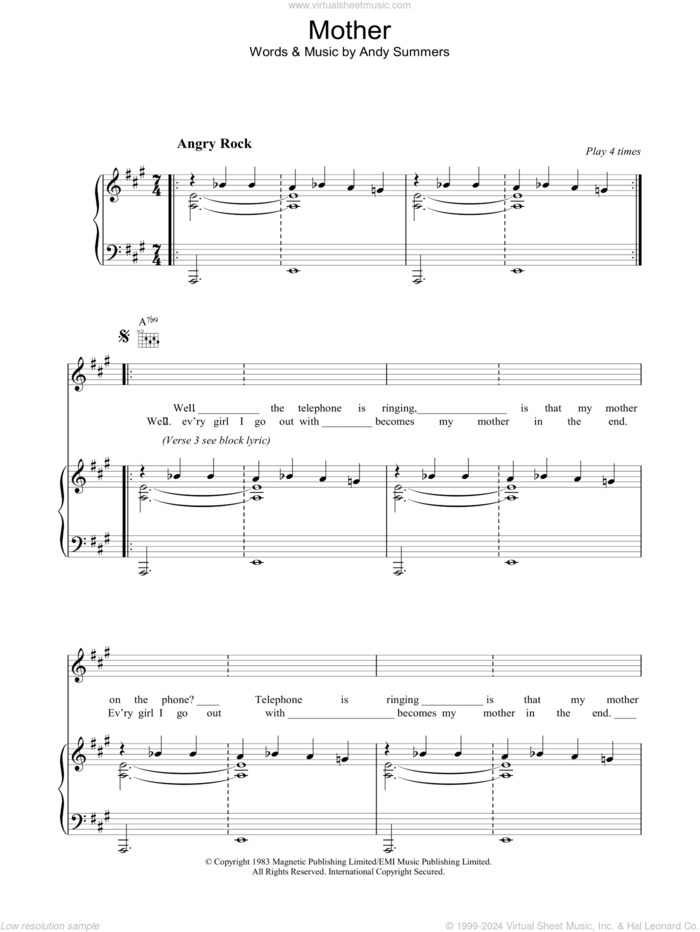 Mother sheet music for voice, piano or guitar by The Police and Andy Summers, intermediate skill level