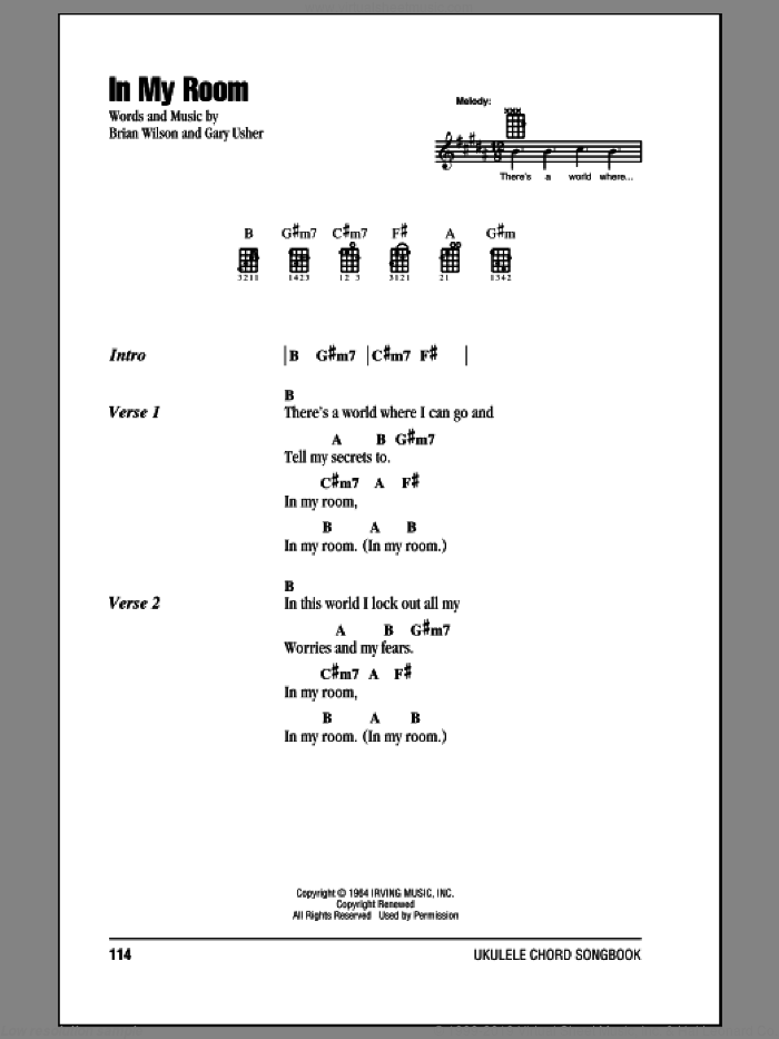 In My Room sheet music for ukulele (chords) by The Beach Boys, Brian Wilson and Gary Usher, intermediate skill level
