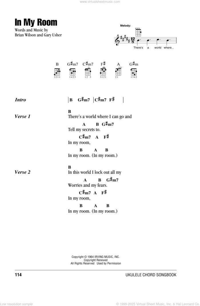 In My Room sheet music for ukulele (chords) by The Beach Boys, Brian Wilson and Gary Usher, intermediate skill level