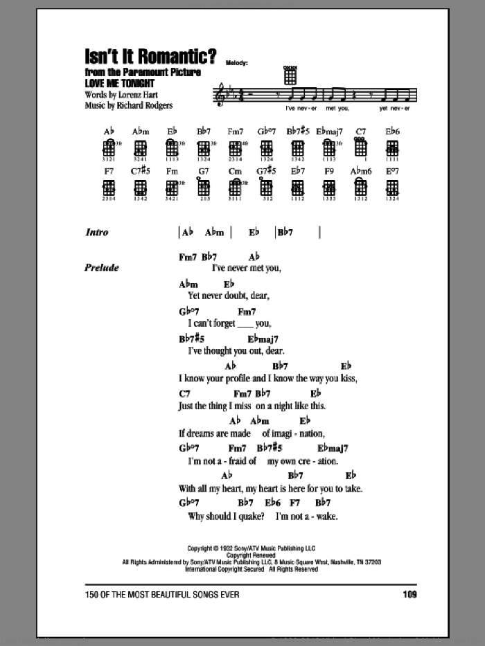 Isn't It Romantic? sheet music for ukulele (chords) by Rodgers & Hart, Lorenz Hart, Richard Rodgers and Shirley Horn, intermediate skill level