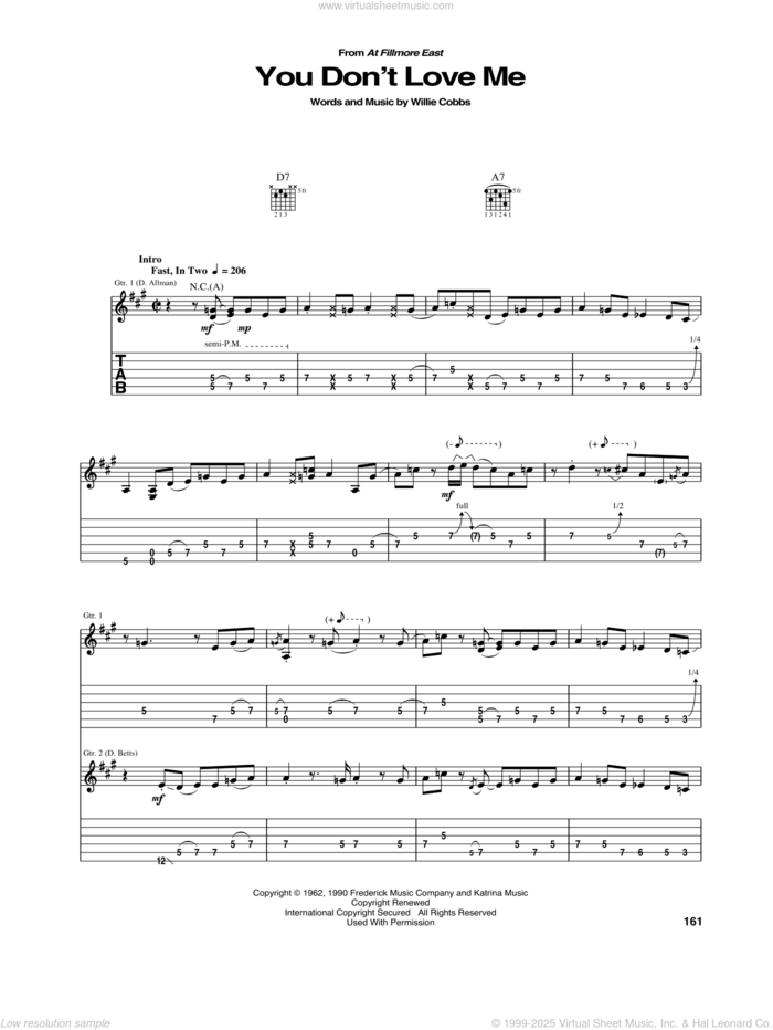 You Don't Love Me sheet music for guitar (tablature) by Allman Brothers Band, intermediate skill level