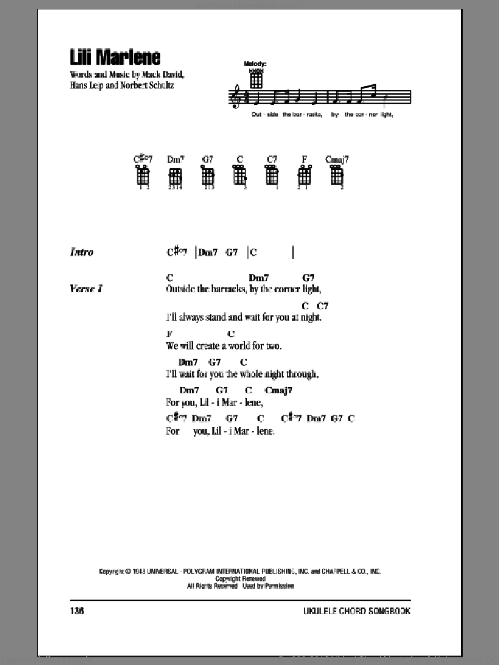 Lili Marlene sheet music for ukulele (chords) by Mack David, Hans Leip and Norbert Schultze, intermediate skill level