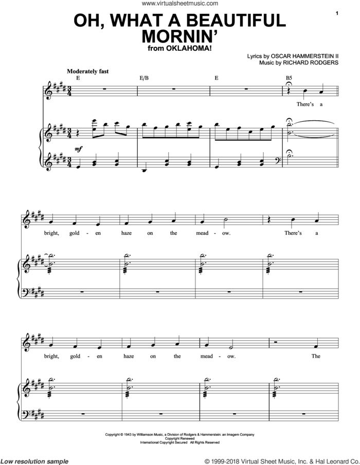 Oh, What A Beautiful Mornin' (from Oklahoma!) sheet music for voice and piano by Rodgers & Hammerstein, Oscar II Hammerstein and Richard Rodgers, intermediate skill level