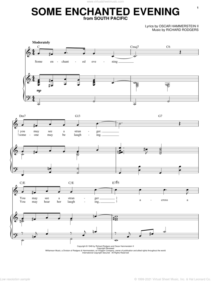 Some Enchanted Evening sheet music for voice and piano by Rodgers & Hammerstein, Oscar II Hammerstein and Richard Rodgers, intermediate skill level