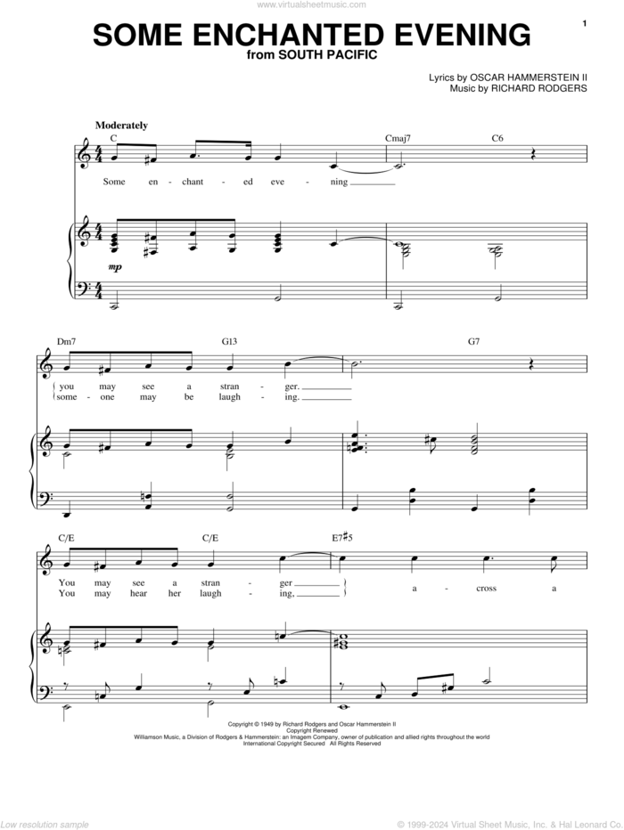 Some Enchanted Evening sheet music for voice and piano by Rodgers & Hammerstein, Oscar II Hammerstein and Richard Rodgers, intermediate skill level