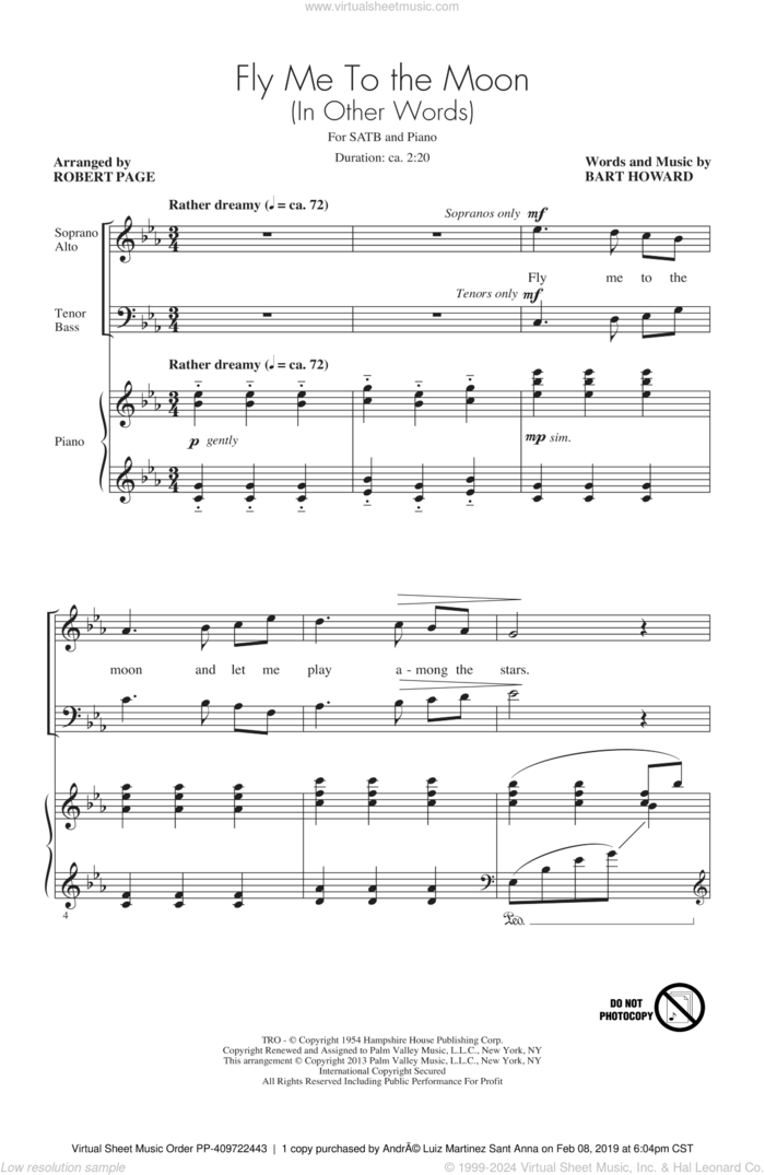 Bennett - Fly Me To The Moon (In Other Words) sheet music for choir ...