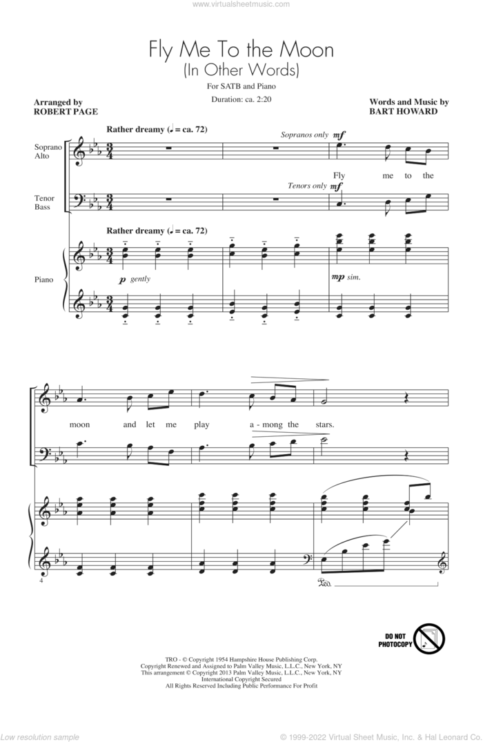 Fly Me To The Moon (In Other Words) sheet music for choir (SATB: soprano, alto, tenor, bass) by Tony Bennett, Bart Howard, Jerry Rubino and Robert Page, intermediate skill level