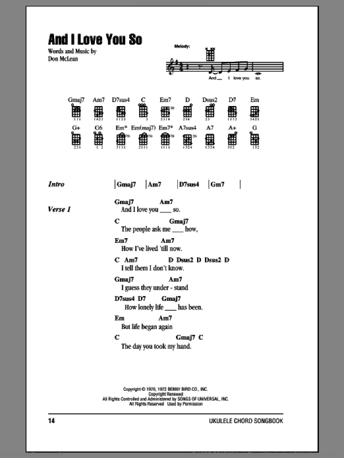 And I Love You So sheet music for ukulele (chords) by Don McLean, Bobby Goldsboro and Perry Como, intermediate skill level