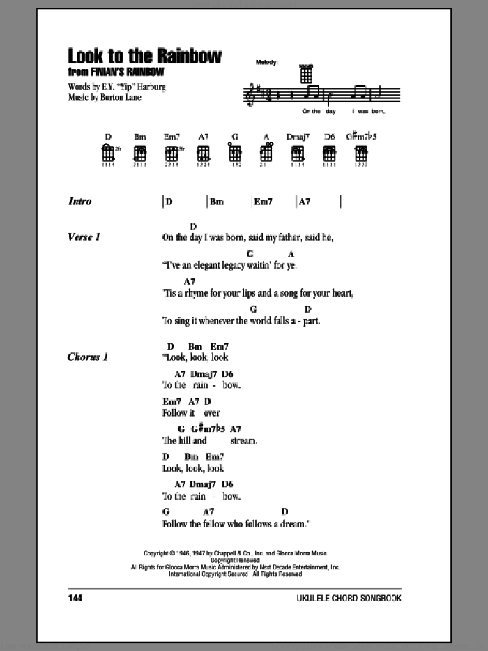 Look To The Rainbow sheet music for ukulele (chords) by E.Y. Harburg and Burton Lane, intermediate skill level