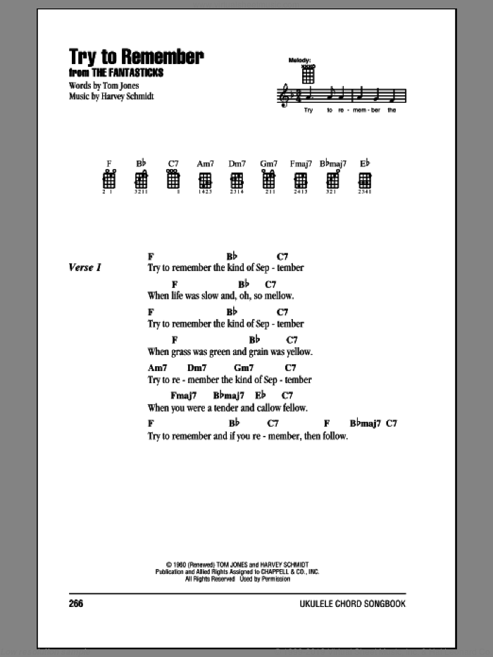 Try To Remember sheet music for ukulele (chords) by Tom Jones and Harvey Schmidt, intermediate skill level
