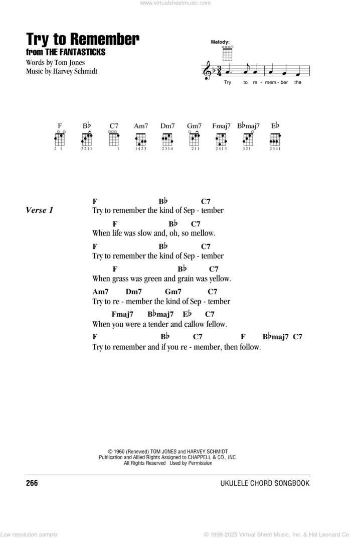 Try To Remember sheet music for ukulele (chords) by Tom Jones and Harvey Schmidt, intermediate skill level