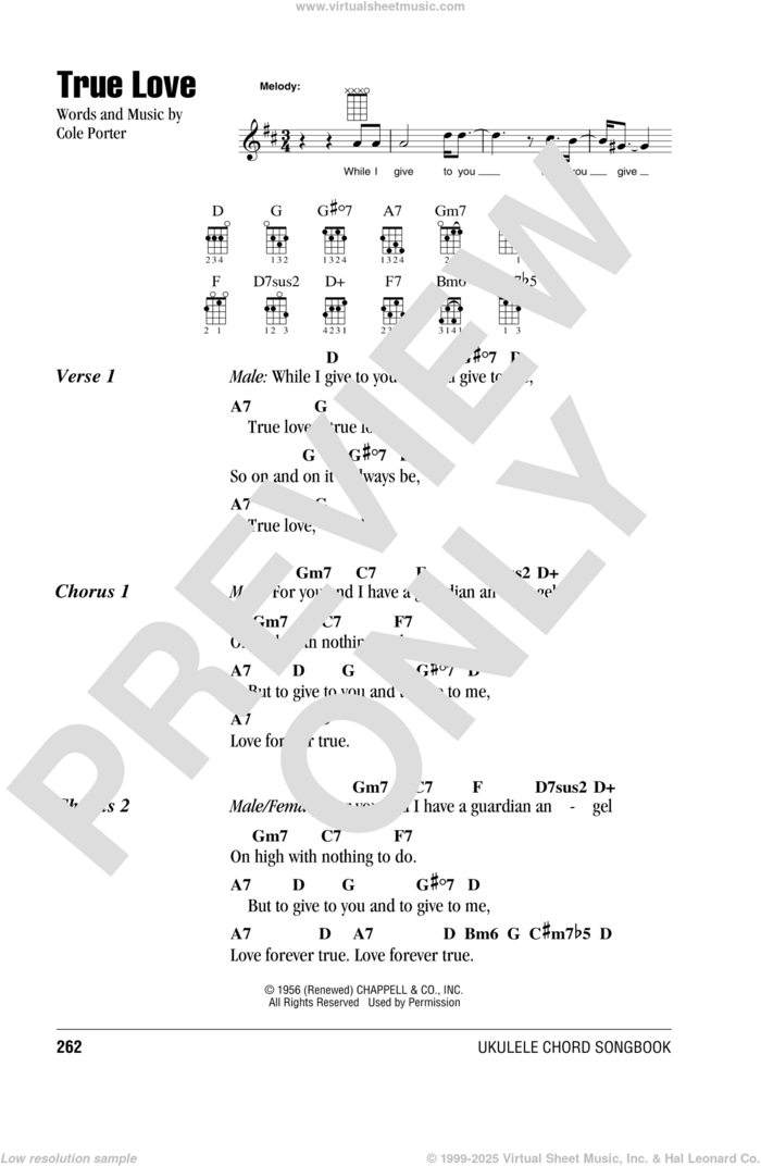 True Love (from High Society) sheet music for ukulele (chords) by Cole Porter, Bing Crosby & Grace Kelly, Elton John & Kiki Dee and Elvis Presley, intermediate skill level