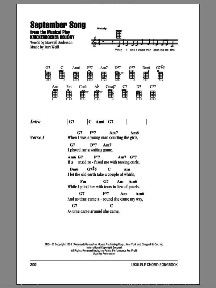September Song sheet music for ukulele (chords) by Frank Sinatra, Jimmy Durante, Kurt Weill, Maxwell Anderson and Willie Nelson, intermediate skill level