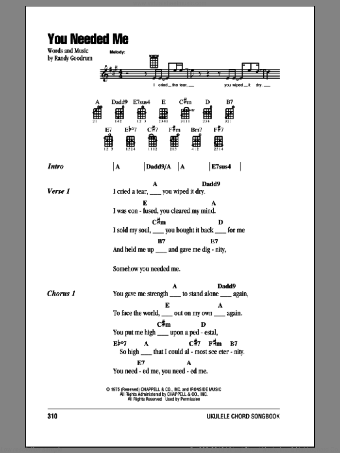 You Needed Me sheet music for ukulele (chords) by Anne Murray and Randy Goodrum, intermediate skill level