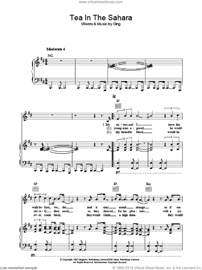 Tea In The Sahara sheet music for voice, piano or guitar by The Police and Sting, intermediate skill level