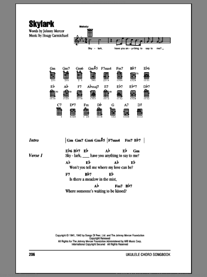 Skylark sheet music for ukulele (chords) by Johnny Mercer and Hoagy Carmichael, intermediate skill level