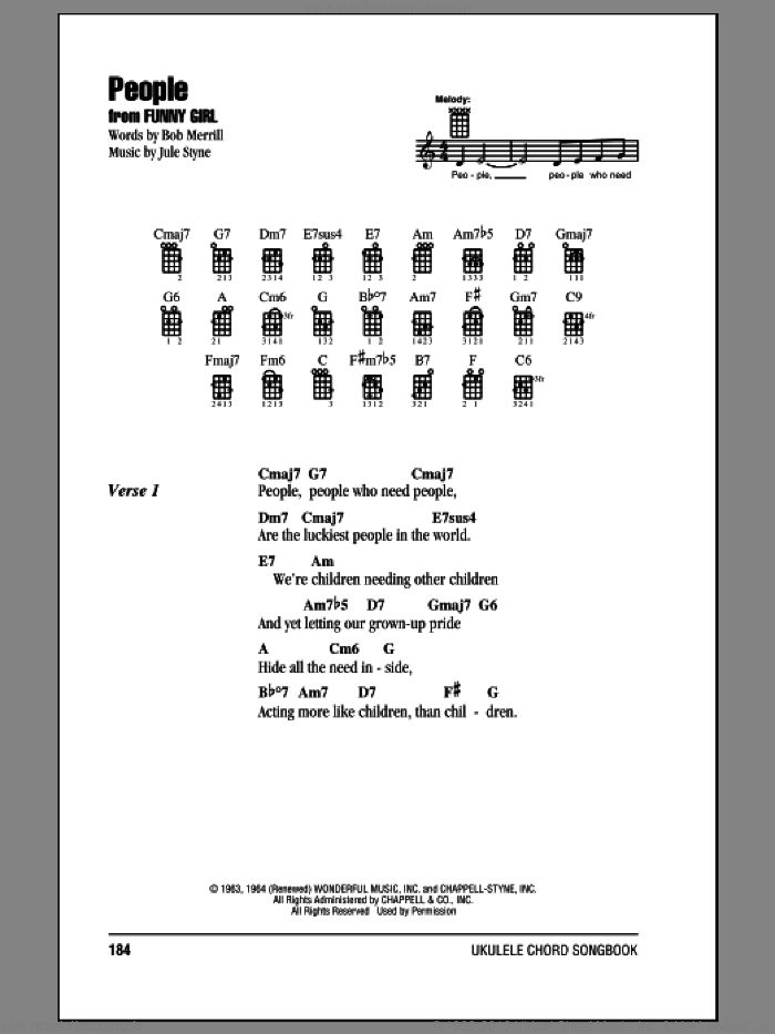 People sheet music for ukulele (chords) by Barbra Streisand, Bob Merrill and Jule Styne, intermediate skill level