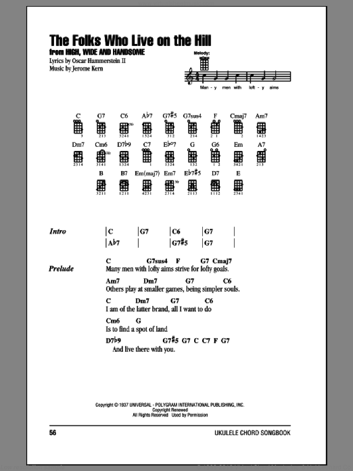 The Folks Who Live On The Hill sheet music for ukulele (chords) by Oscar II Hammerstein and Jerome Kern, intermediate skill level