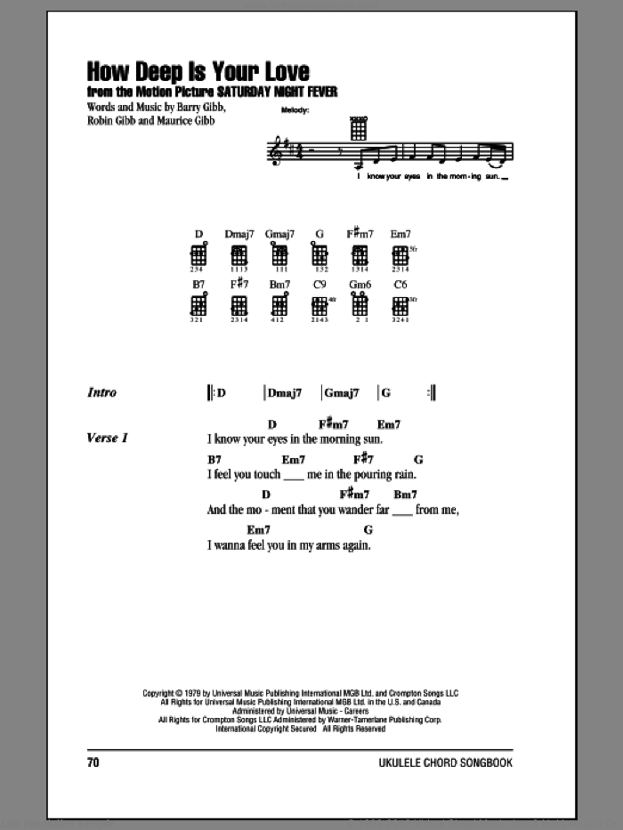 How Deep Is Your Love sheet music for ukulele (chords) by Barry Gibb, Bee Gees, Maurice Gibb and Robin Gibb, intermediate skill level