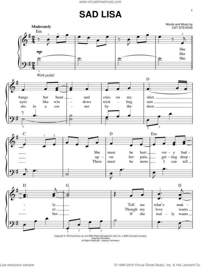 Sad Lisa sheet music for piano solo by Cat Stevens, easy skill level