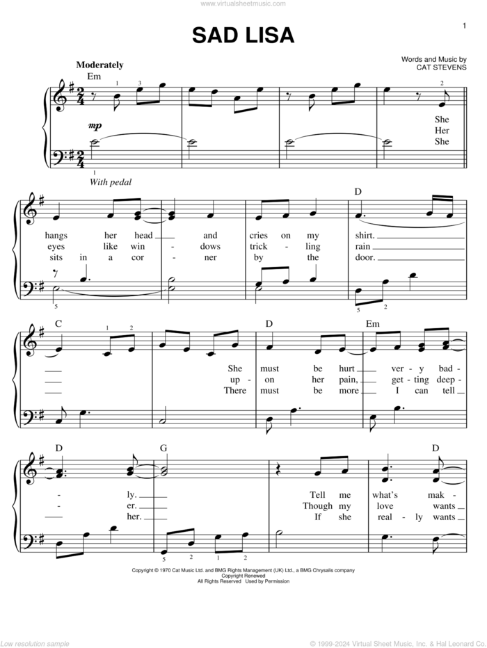 Sad Lisa sheet music for piano solo by Cat Stevens, easy skill level