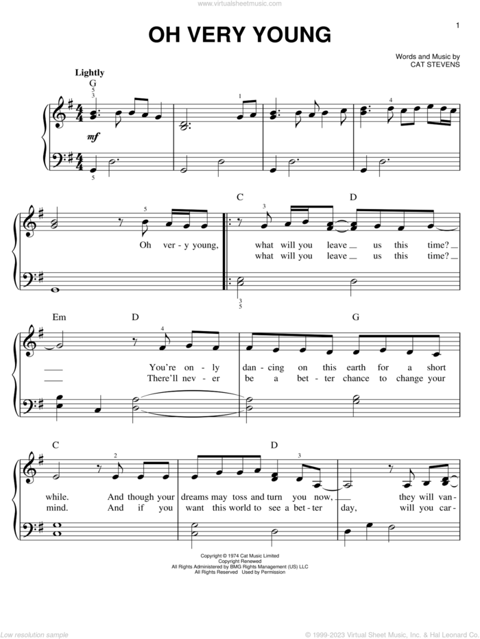Oh Very Young sheet music for piano solo by Cat Stevens, easy skill level
