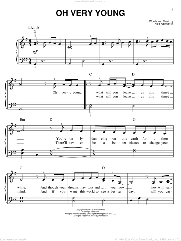 Oh Very Young sheet music for piano solo by Cat Stevens, easy skill level