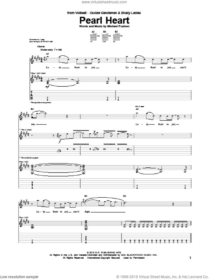 Pearl Heart sheet music for guitar (tablature) by Volbeat, intermediate skill level