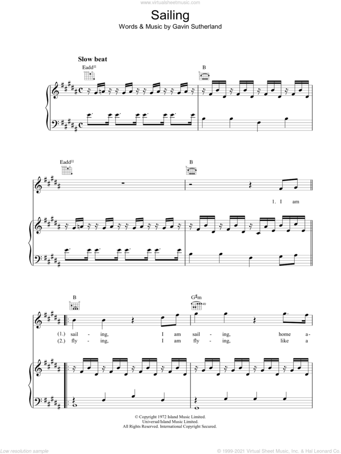 Sailing sheet music for voice, piano or guitar by Rod Stewart and Gavin Sutherland, intermediate skill level