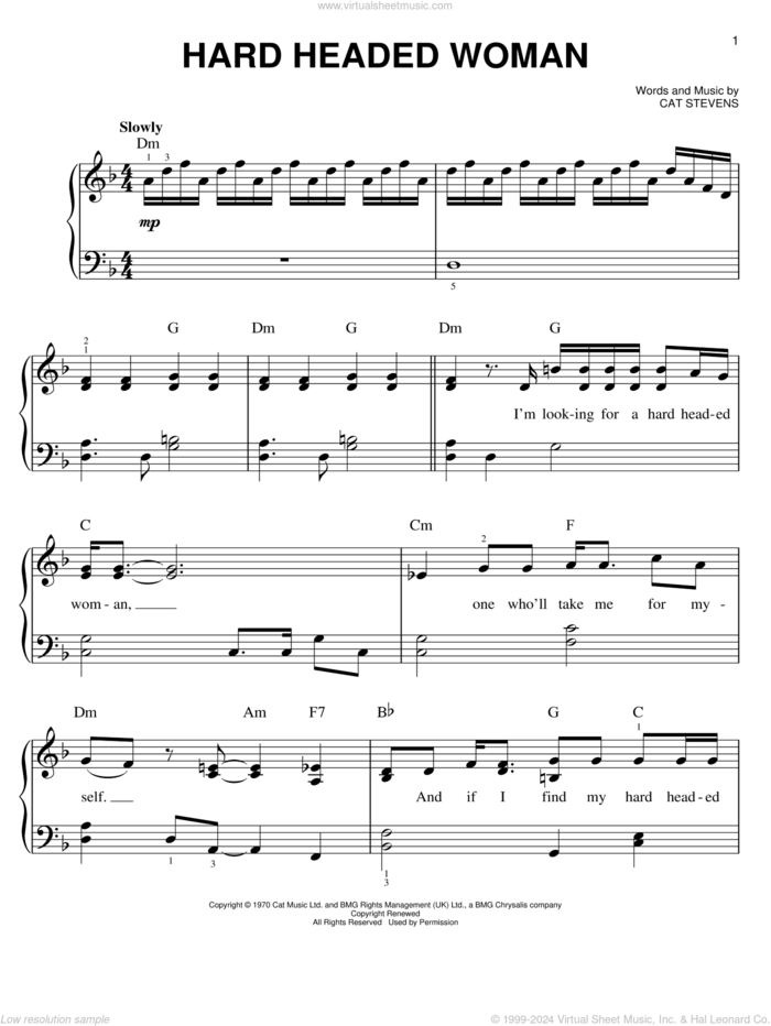 Hard Headed Woman sheet music for piano solo by Cat Stevens, easy skill level