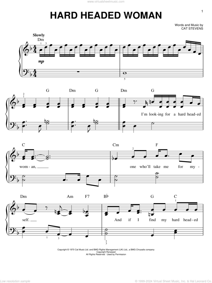 Hard Headed Woman sheet music for piano solo by Cat Stevens, easy skill level