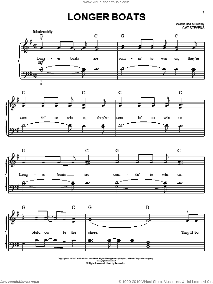 Longer Boats sheet music for piano solo by Cat Stevens, easy skill level