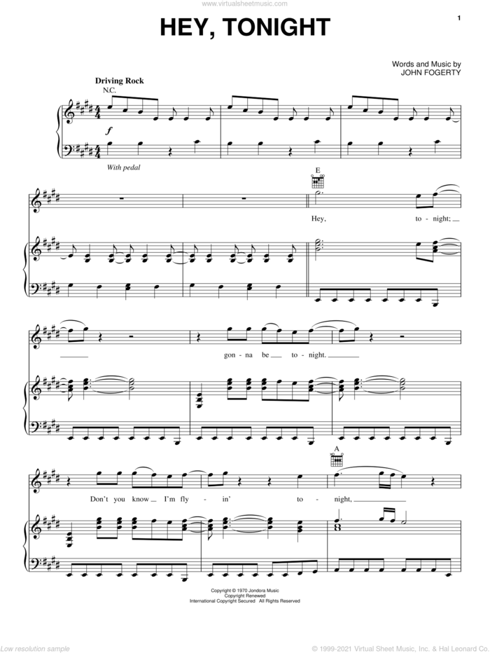 Hey, Tonight sheet music for voice, piano or guitar by Creedence Clearwater Revival and John Fogerty, intermediate skill level