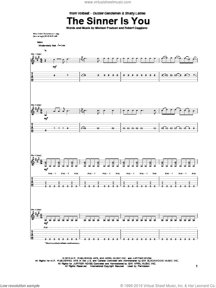 The Sinner Is You sheet music for guitar (tablature) by Volbeat, intermediate skill level