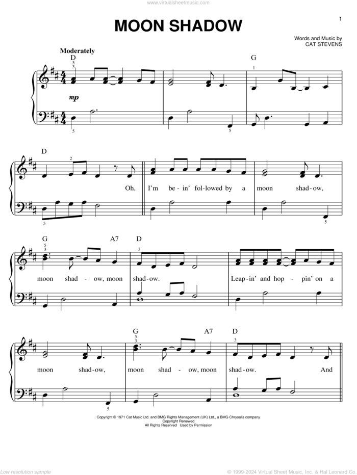 Moon Shadow sheet music for piano solo by Cat Stevens, easy skill level