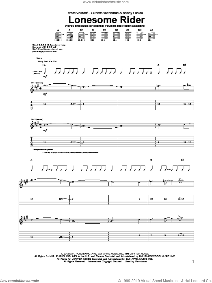 Lonesome Rider sheet music for guitar (tablature) by Volbeat, intermediate skill level