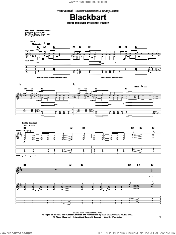 Blackbart sheet music for guitar (tablature) by Volbeat, intermediate skill level