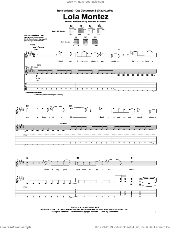 Lola Montez sheet music for guitar (tablature) by Volbeat, intermediate skill level