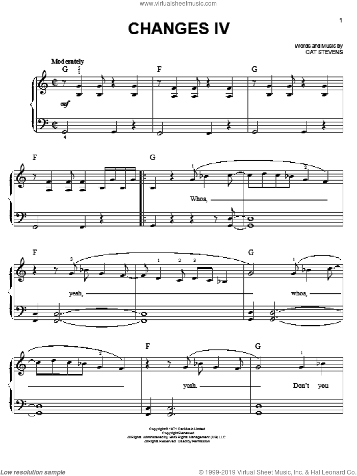 Changes IV sheet music for piano solo by Cat Stevens, easy skill level