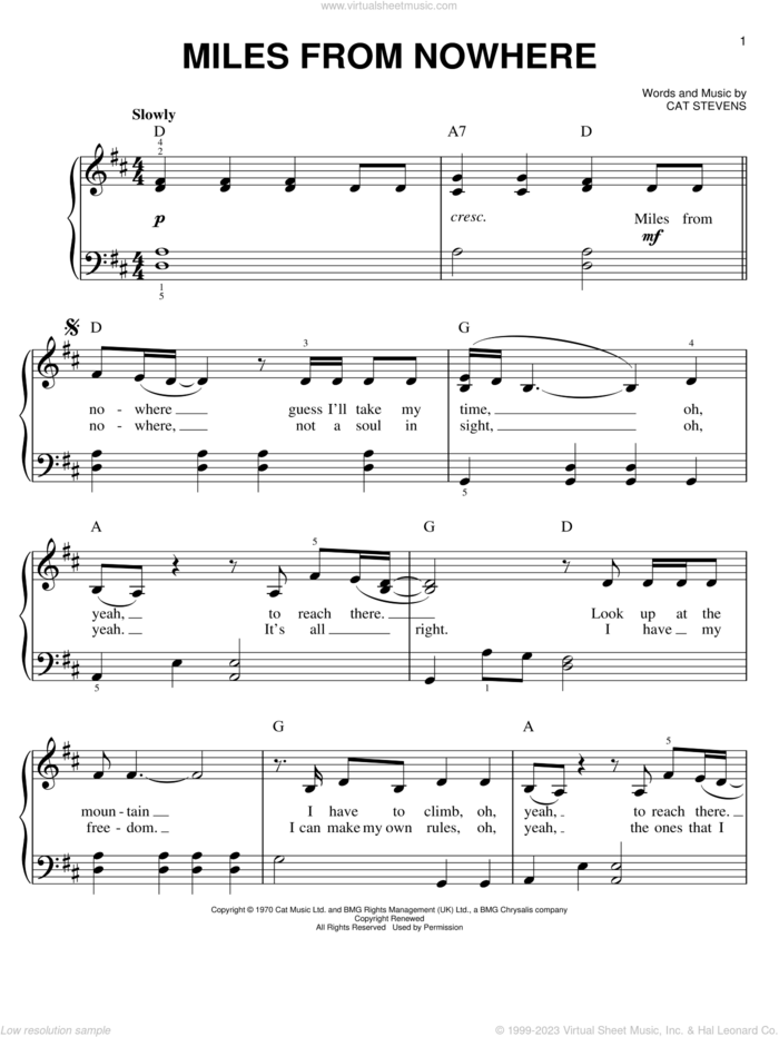 Miles From Nowhere sheet music for piano solo by Cat Stevens, easy skill level