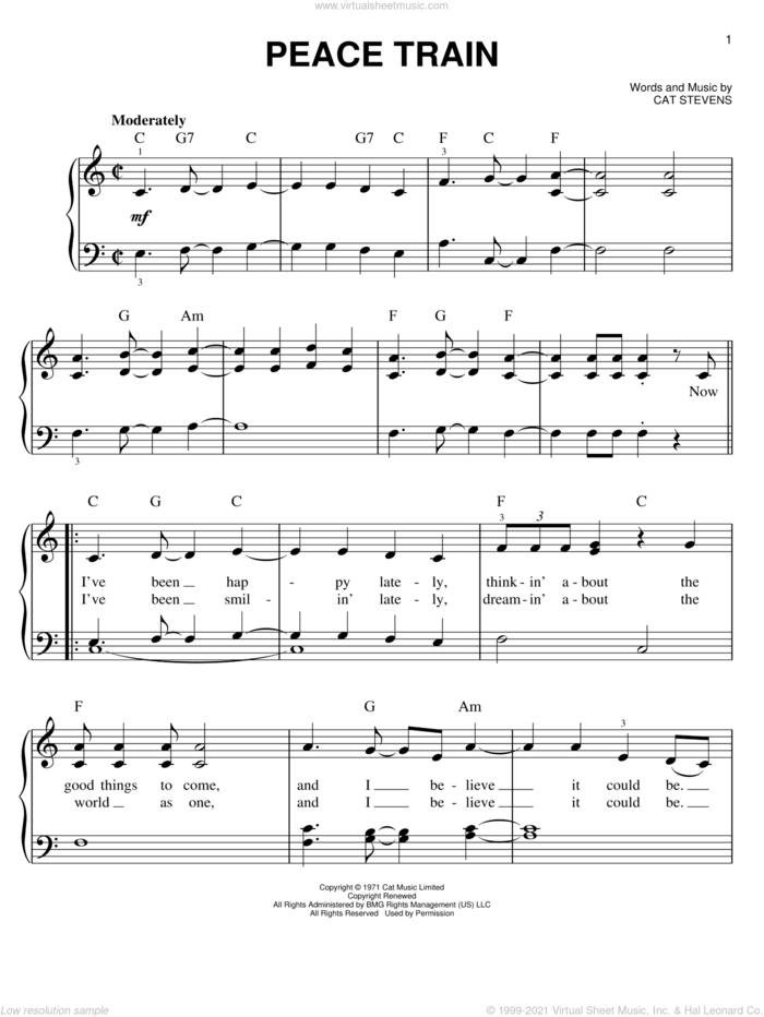 Peace Train sheet music for piano solo by Cat Stevens, easy skill level