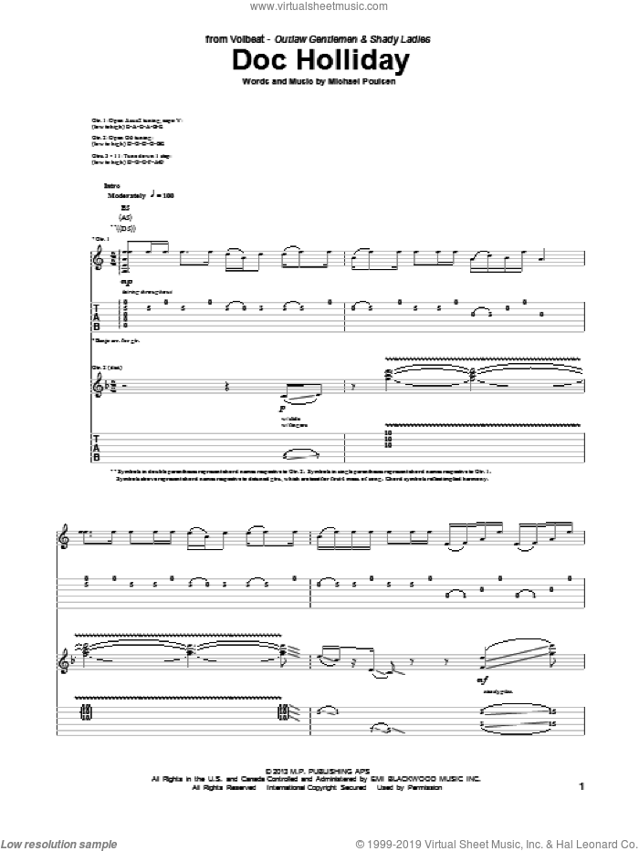 Doc Holliday sheet music for guitar (tablature) by Volbeat, intermediate skill level