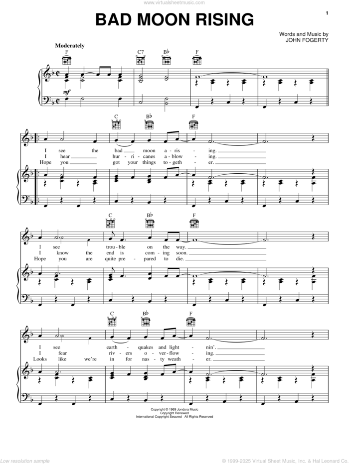 Bad Moon Rising sheet music for voice, piano or guitar by Creedence Clearwater Revival and John Fogerty, intermediate skill level