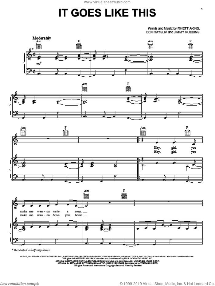 It Goes Like This sheet music for voice, piano or guitar by Thomas Rhett, intermediate skill level