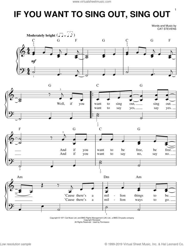 If You Want To Sing Out, Sing Out sheet music for piano solo by Cat Stevens, easy skill level