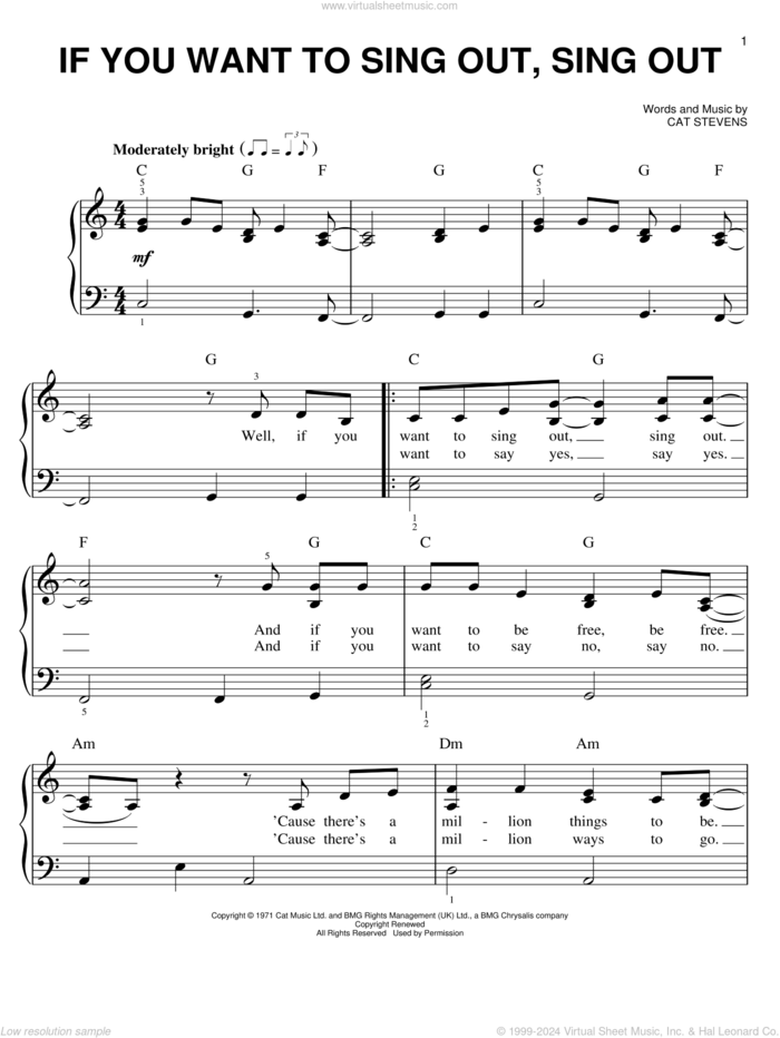 If You Want To Sing Out, Sing Out sheet music for piano solo by Cat Stevens, easy skill level