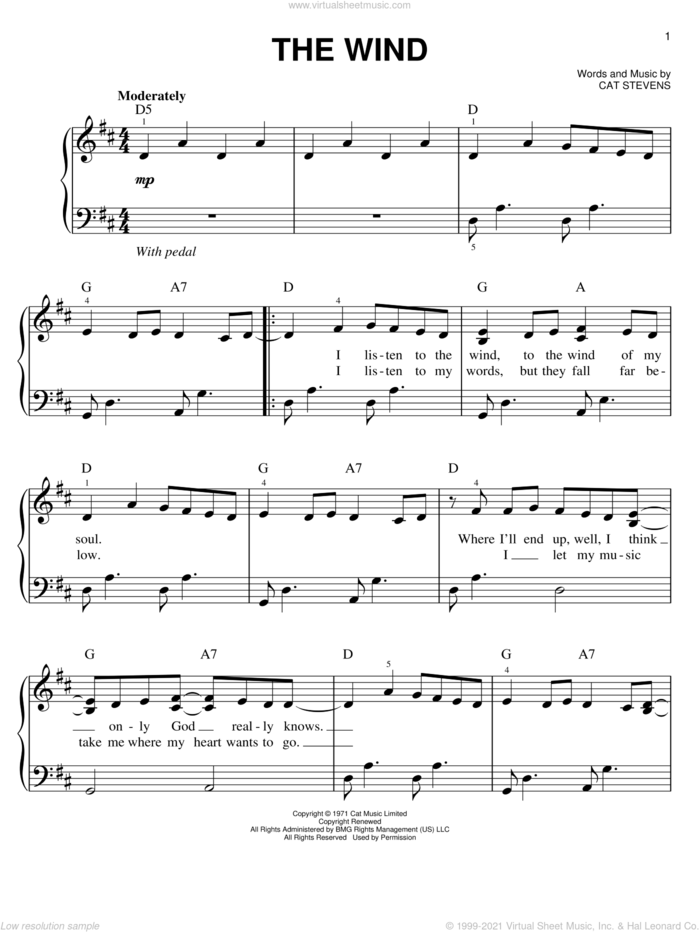 The Wind sheet music for piano solo by Cat Stevens, easy skill level