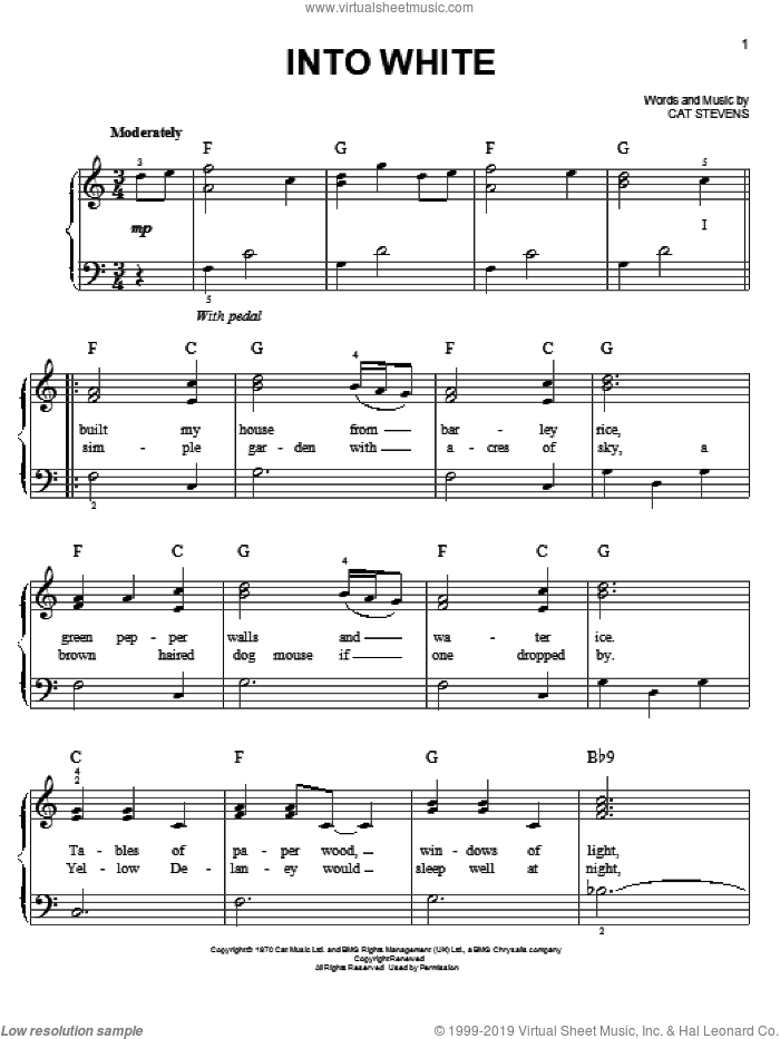 Into White sheet music for piano solo by Cat Stevens, easy skill level