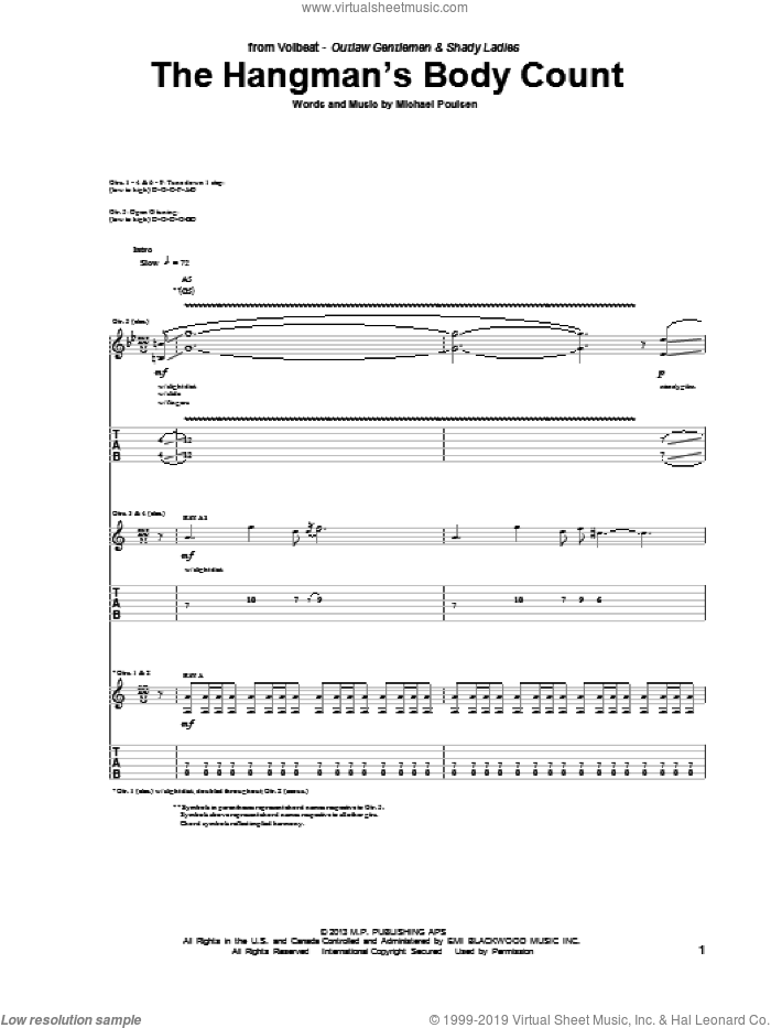 The Hangman's Body Count sheet music for guitar (tablature) by Volbeat, intermediate skill level